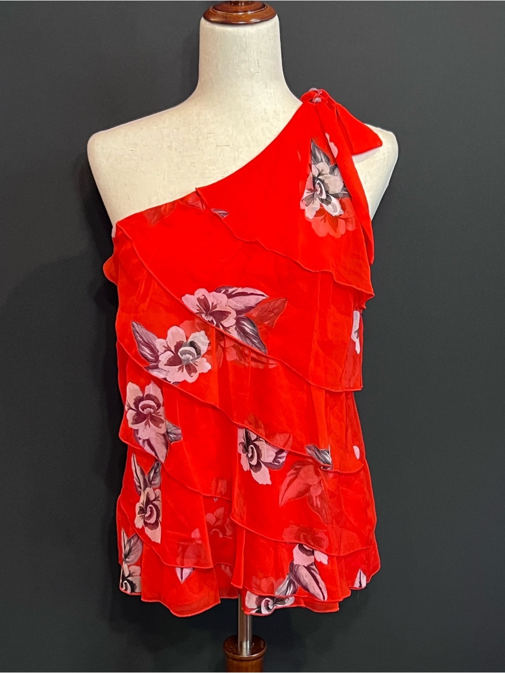 White House Black Market Orange One Shoulder Ruffle Blouse